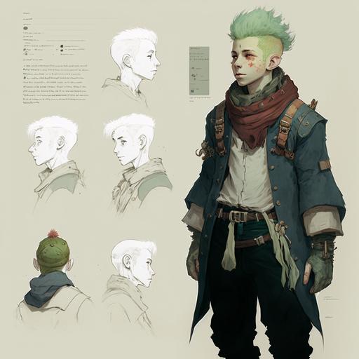 character costume design layout, teenage boy, green hair, pet albino rat on his shoulder, character costume design, the layout of dungeons and dragons rogue wardrobe winter cold climate furs, style v4