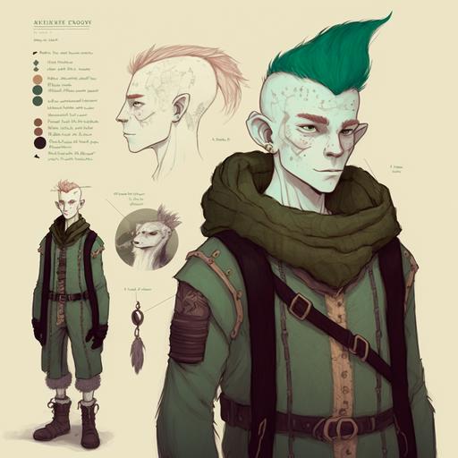 character costume design layout, teenage boy, green hair, pet albino rat on his shoulder, character costume design, the layout of dungeons and dragons rogue wardrobe winter cold climate furs, style v4