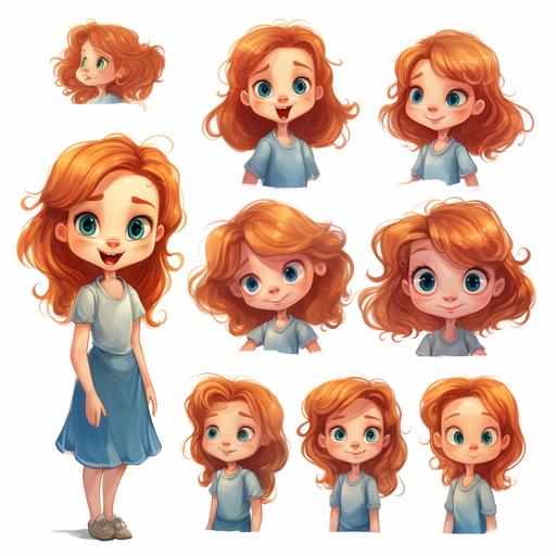 character deisgn sheet of cartoon water color style of many poses for reddish blond little girl with blue eyes consistent character of many angles