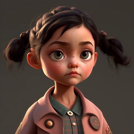 character design , long shot , modern , 5 years ego , 3d character , pixar style , beautiful face , funny , Childish hairstyle , daughter , cute , pigtails , black hair