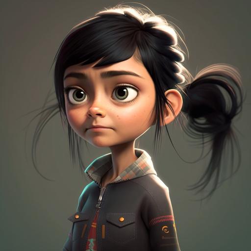 character design , long shot , modern , 5 years ego , 3d character , pixar style , beautiful face , funny , Childish hairstyle , daughter , cute , pigtails , black hair