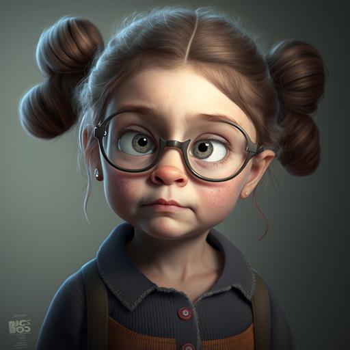 character design , long shot , modern , 8 years ego , 3d character , pixar style , beautiful face , funny , Childish hairstyle , daughter , pigtails