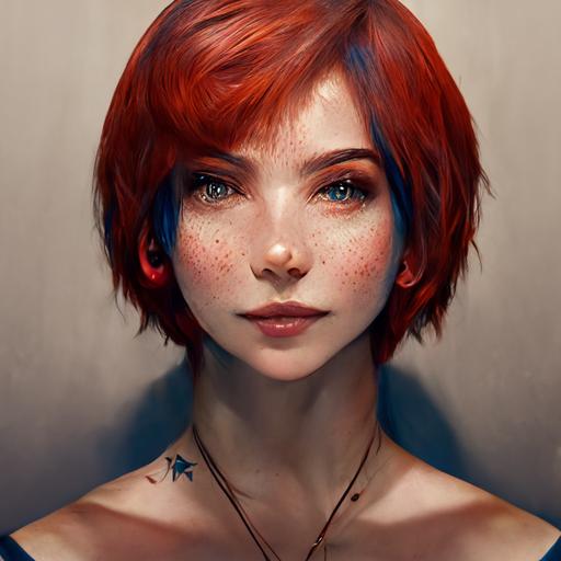 character design , realistic lady portrait , red short hair , blue deep eyes , tattoo on neck , ultra photorealistic , contrast lighting , unreal engine