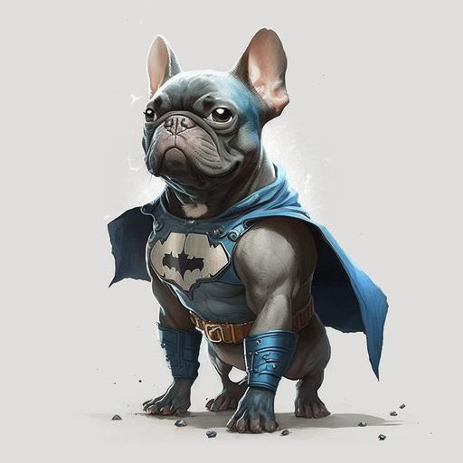 character design, A superhero French Bulldog would be a small but muscular dog with blue shiny fur, blue piercing eyes, and standy uppy ears. They would wear a blue and white bodysuit with an emblem on the chest, specialized boots for gripping, and a fluttering blue cape. With their impressive strength and agility, they inspire us to be our own heroes, 4k, cinematic lighting