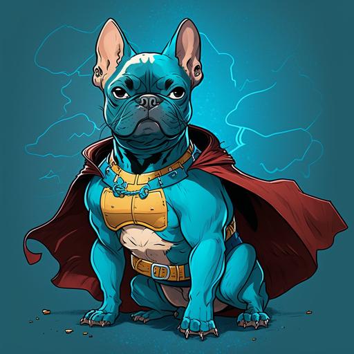 character design, A superhero French Bulldog would be a small but muscular dog with blue shiny fur, blue piercing eyes, and standy uppy ears. They would wear a blue and white bodysuit with an emblem on the chest, specialized boots for gripping, and a fluttering blue cape. With their impressive strength and agility, they inspire us to be our own heroes, 4k, cinematic lighting