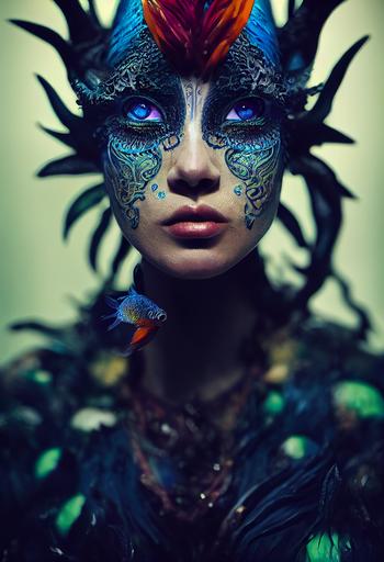 character design, beautiful alien female witch wearing betta fish Armor, face warpaint, intricate details, cinematic lighting, photo realistic --testp --ar 9:16 --upbeta
