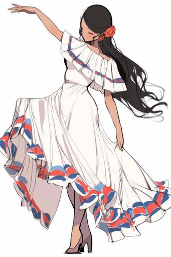 character design, character sheet, , , , dancing, full body, traditional Cuban dress, white background, young girl dancing, tanned skin, red and black long hair, Cuban dress, ruffles, red, blue, white, grainy texture, a character portrait by Victo Ngai, featured on Artstation, in the style of wlop, ilya kuvshinov, tarot card, high detail, art nouveau, vibrant, colorful, macaw, green, orange, bright, molas textiles, moebius, kilian eng, cyberpunk, neon, gold, pink highlights, magic, fantasy, intricate, highly detailed, sorceress, goddess --ar 60:90 --niji 5