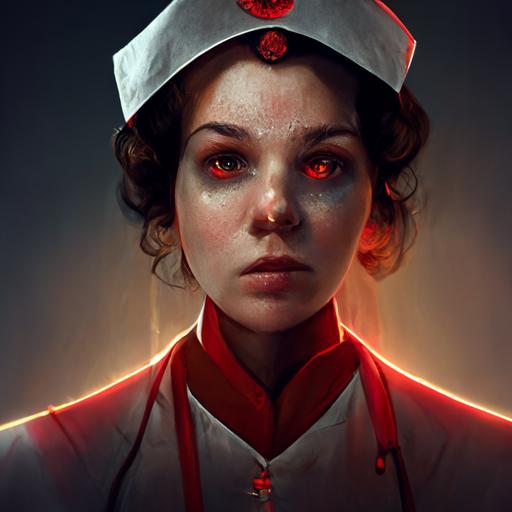 character design, concept art, figure of woman with cold severe face in red old fashioned nurse uniform, hands clapsed in front of her, symmetrical face, dramatic lighting from above, cold lighting, cinematic lighting, fine detail, 8K high definition