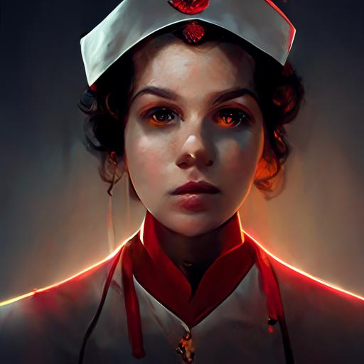 character design, concept art, figure of woman with cold severe face in red old fashioned nurse uniform, hands clapsed in front of her, symmetrical face, dramatic lighting from above, cold lighting, cinematic lighting, fine detail, 8K high definition