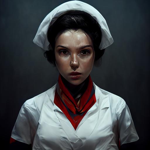character design, concept art, figure of woman with cold severe face in red old fashioned nurse uniform, hands clapsed in front of her, dark hair, low rolled updo hairstyle, symmetrical face, dramatic lighting from above, cold lighting, cinematic lighting, fine detail, 8K high definition --upbeta