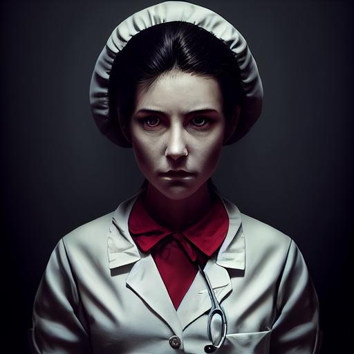 character design, concept art, figure of woman with cold severe face in red old fashioned nurse uniform, hands clapsed in front of her, dark hair, low rolled updo hairstyle, symmetrical face, dramatic lighting from above, cold lighting, cinematic lighting, fine detail, 8K high definition --test --creative --upbeta