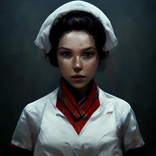 character design, concept art, figure of woman with cold severe face in red old fashioned nurse uniform, hands clapsed in front of her, dark hair, low rolled updo hairstyle, symmetrical face, dramatic lighting from above, cold lighting, cinematic lighting, fine detail, 8K high definition