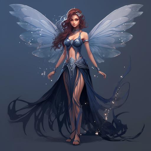 character design, fairy with a dark blue to grey gradient sheer and flattering skirt, corsett, red long hair, beautiful grey wings and a diadem with a saphir stone, thunderstorm fairy, full body perspective, high quality
