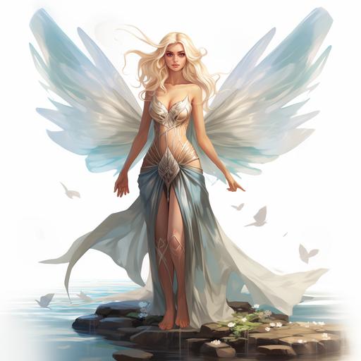 character design, fairy with a sheer and flattering dress, long wavy blond hair, beautiful wings, character element water fairy, full body perspective, high quality