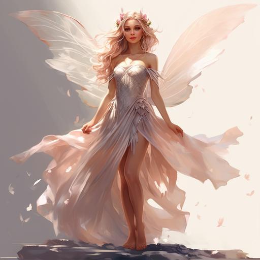 character design, fairy with asheer and flattering dress, long hair, beautiful wings,character fairy, full body perspective, high quality