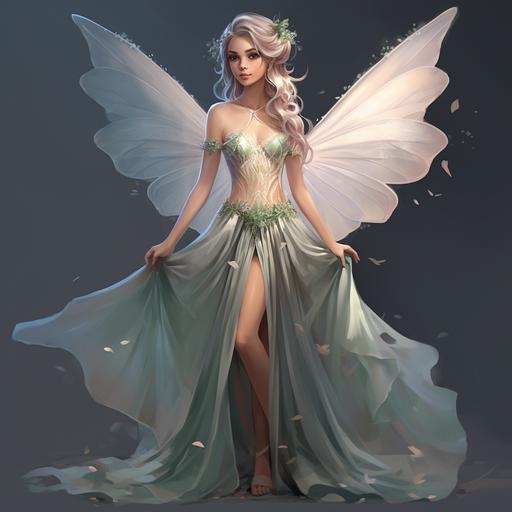 character design, fairy with asheer and flattering dress, long hair, beautiful wings,character fairy, full body perspective, high quality