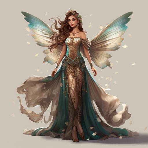 character design, fairy with sheer and flattering dress, long wavy brown hair, beautiful wings, character gemstone smaragd fairy, full body perspective, high quality