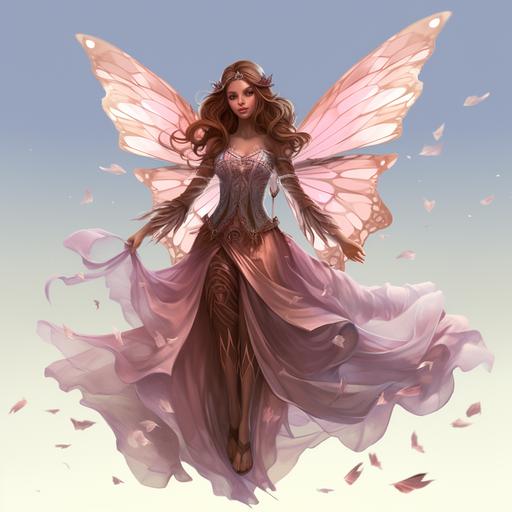 character design, fairy with sheer and flattering dress, long wavy brown hair, beautiful wings, character gemstone rosequarz fairy, full body perspective, high quality