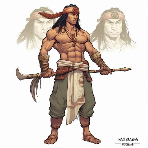 character design for Filipino warrior Lapu-Lapu in his mid 20's, from the Tausug tribe, datu of Mactan in Visayas in the Philippines, lean but muscular, with tribal tattoos, standing full body, holding a kris blade, wearing a bandana and a loincloth, in the anime style of Kazuya Minekura. --q 2 --v 5 --s 750