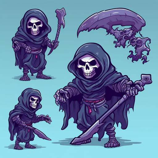 character design for cartoon SNES animated grim reaper vector png, in the style of goblin academia, spooky, uhd image, colorful pixel-art, rtx on, black, strong chiaroscuro, white background, grim reaper character sheet, illustration by dspot, SNES, in the style of goblin academia, accurate and detailed, 2d game art, strong graphic elements, illustration, harsh flash