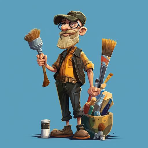 character design fun, vector, two colors, painter standing with hat , brushes, painting tools, painting equipment,
