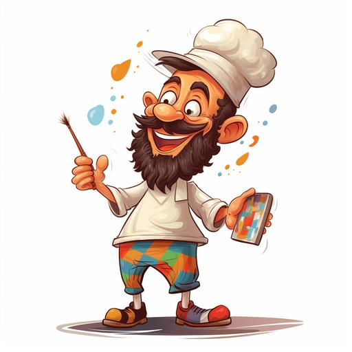 character design, funny painter with too big trousers and hat, cartoon style, colorful, vector style, cute