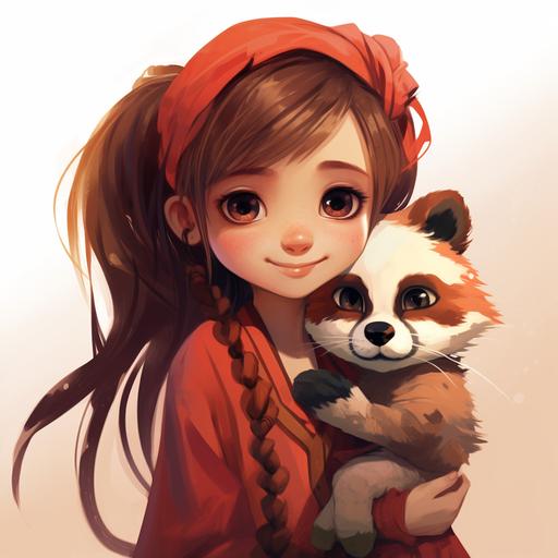 character design little girl human with Red panda ears and tail