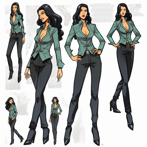 character design sheet, equal sizes, alexandria ocasio-cortez, full body, skinny waist, straight black hair, G-cup big chest, pant suit, provocatively low button, long perfect legs, plunging neckline, stiletto heels, flirtatious pose, flirty expression, eye contact, artstyle by terry dodson, no words --q 2 --s 250 --v 5