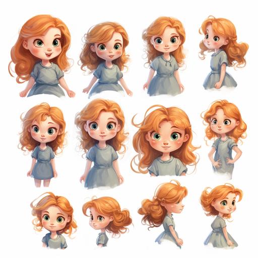 character design sheet of water color style of many poses for a little girl with reddish blonde hair and blue eyes consistent character from many angles