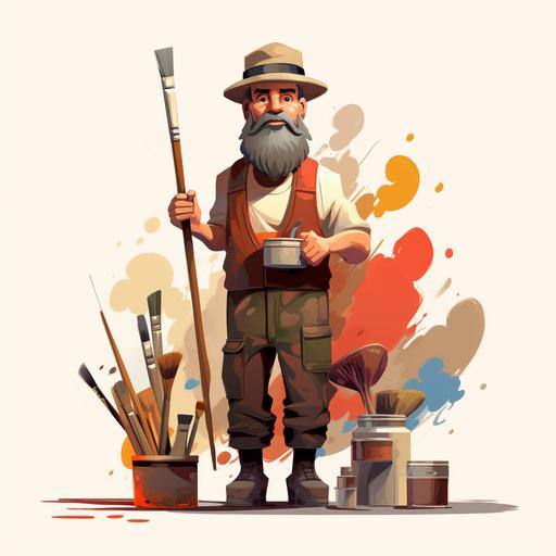 :character design, vector, two colors, painter standing with hat , brushes, painting tools, painting equipment,