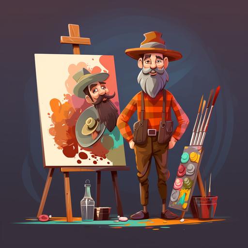 :character design, vector, two colors, painter standing with hat , brushes, painting tools, painting equipment,