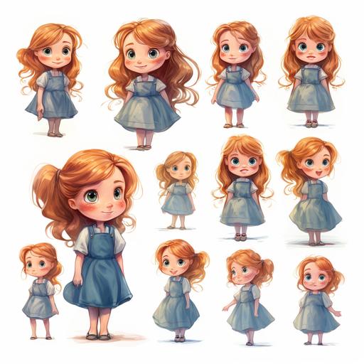 character desing sheet of water color style of many poses for a little girl with reddish blonde hair and blue eyes consistent character from many angles