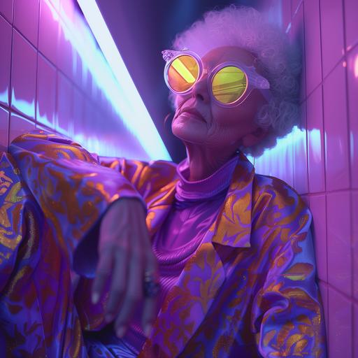 character, disco, Photo of a granny stylized in retro-futurism. Granny is dressed in the fashion of the future, she has neon glasses and all that. But a smiley face and pose. The composition is dominated by purple shades retro-futurism aesthetics. style. High angle, three quarters --s 250 --v 6.0