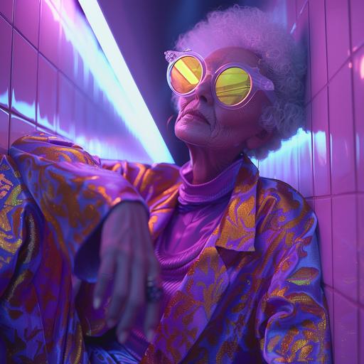 character, disco, Photo of a granny stylized in retro-futurism. Granny is dressed in the fashion of the future, she has neon glasses and all that. But a smiley face and pose. The composition is dominated by purple shades retro-futurism aesthetics. style. High angle, three quarters --s 250
