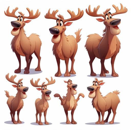character example of big, friendly moose, cartoon style, disney style, no background, multiple poses