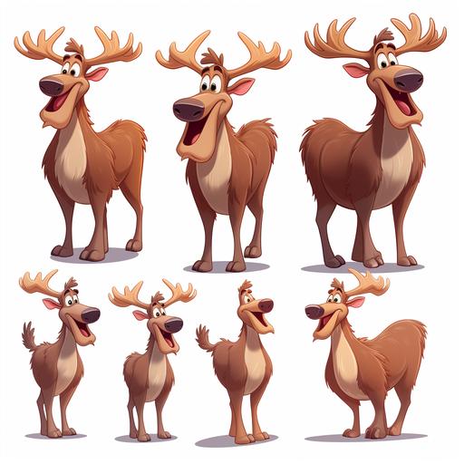 character example of big, friendly moose, cartoon style, disney style, no background, multiple poses