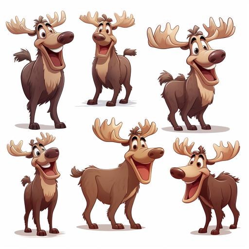 character example of friendly moose, cartoon style, no background, multiple poses