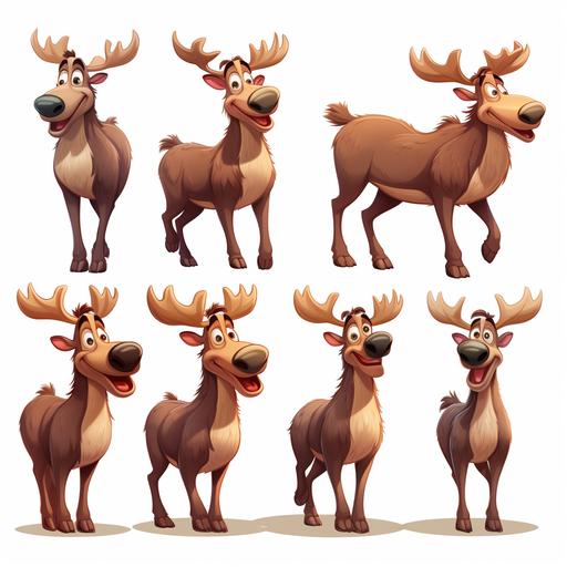 character example of goofy friendly moose, cartoon style, no background, multiple poses