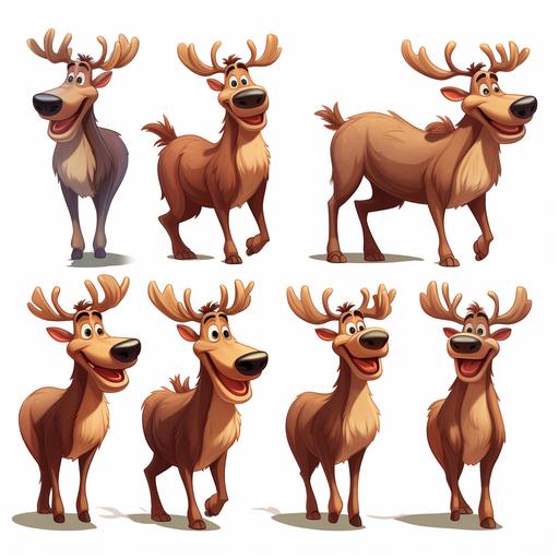 character example of goofy friendly moose, cartoon style, no background, multiple poses