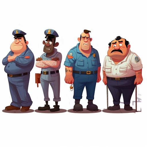 character examples of prison guard, cartoon style, disney style, no background