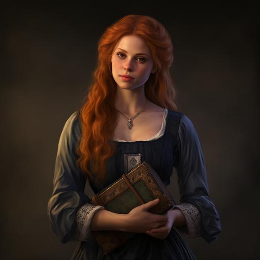 character, full body, red haired young woman holding an old leather bible close to her chest