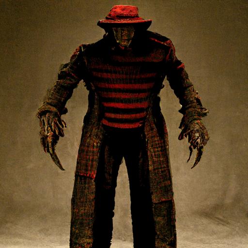 character full body shot FREDDY KRUGER ,ROBERT ENGLUND his ace is badly burned,  wearing a dark brown fedora, has a red and dark green striped sweater, dark trousers, long black jacket, wearing combat boots, razors for fingers, fantasy HR giger Biomech,looks evil,  red river flowing, horror, grid and nails on face, hellish, nightmarish, fire, pipes wires and circuitry, highly detailed, octane render, red and black, cinematic, high detail, photo realistic, 4k