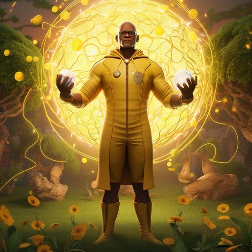 character, full body shot, lemon tree garden, a powerful magic man in a cloak played by a young Samuel L. Jackson with patch of short beard hair on chin only is meditating in a garden fingers up with electricity bouncing between, surrounded by lemon trees with giant lemons, copper tesla coils emitting energy into the garden and wizard, superhero in the art style of Pixar's Frozone, very colorful, vignetted frame, Artstation, cinematic lighting, Unreal Engine 5, raytracing, pathtracing, ambient occlusion, ilm, weta digital, imax, 70mm, 16k --q 2 --v 5.1