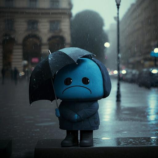 character, funny sad meme, paris, rain, blue black tones