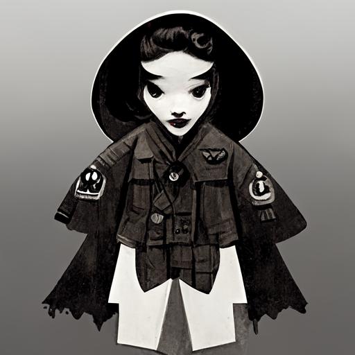 character goth girl with sheet and ghost costume miniskirt length with go go boots in WWII bomber art style with text underneath that says 