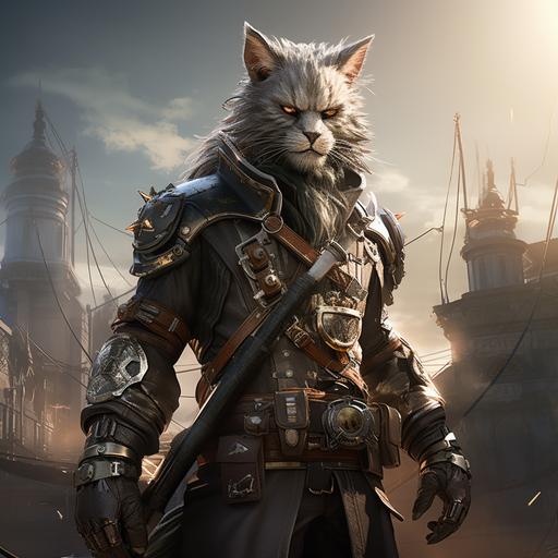 character, imax quality visuals, old grey haired tabaxi fighter blocking with metal shield, steam punk city