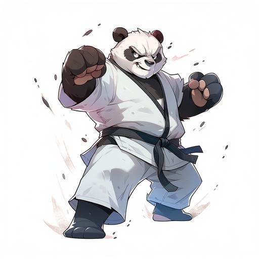 character, karate panda, sensei in a white kimono with a black belt, mighty and strong, looks into the frame and smiles, dynamic pose with fists, anime fantasy fighting style for boys, bright colors, isolated on a white background --niji 5