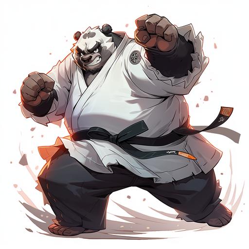 character, karate panda, sensei in white kimono with black belt, mighty and strong, dynamic pose with fists, fantasy fighting style anime for boys, bright colors, isolated on white background --niji 5