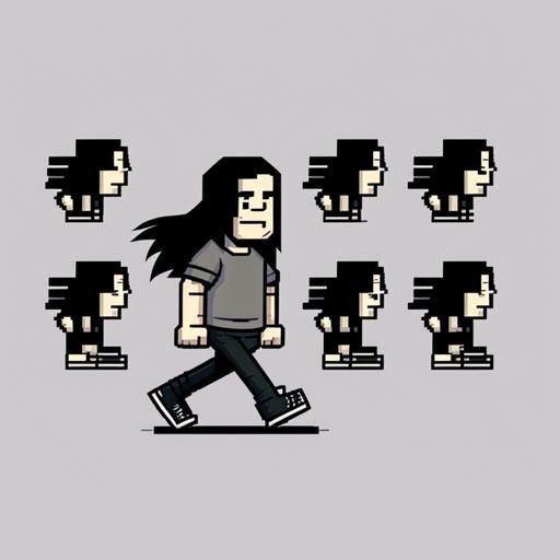 character, pixel art, walking, running, and jumping animation frames of a metal head with long black hair wearing, black jeans, a grey t shirt, and chuck taylor shoes