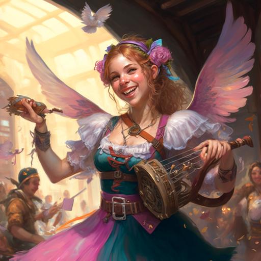 character portrait, female halfling bard, bright colors, dancing, happy, great hall, music, holding a lyre, white and pink lace gloves, birds, butterflies, tavern --v 4